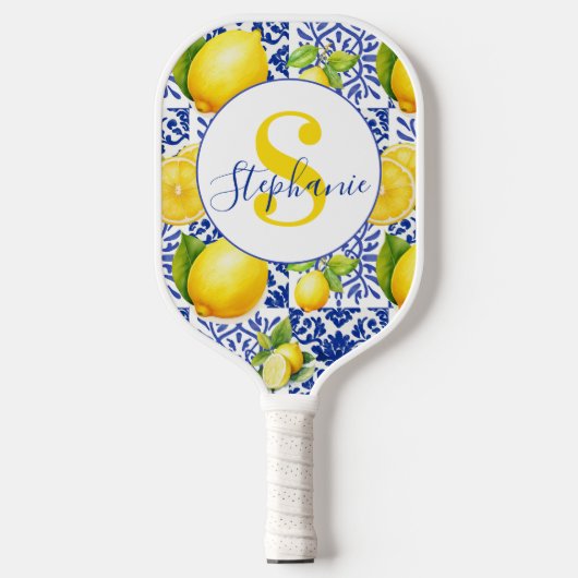 Blue White Lemon Tile Pattern Citrus Monogram Name Pickleball Schläger (Vorderseite)