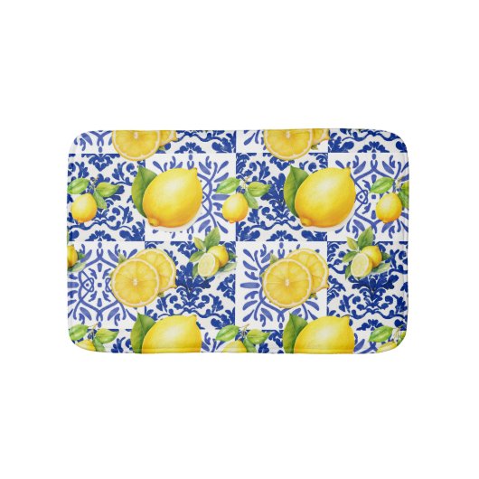 Blue White Lemon Tile Pattern Mediterranean Citrus Badematte (Vorderseite)