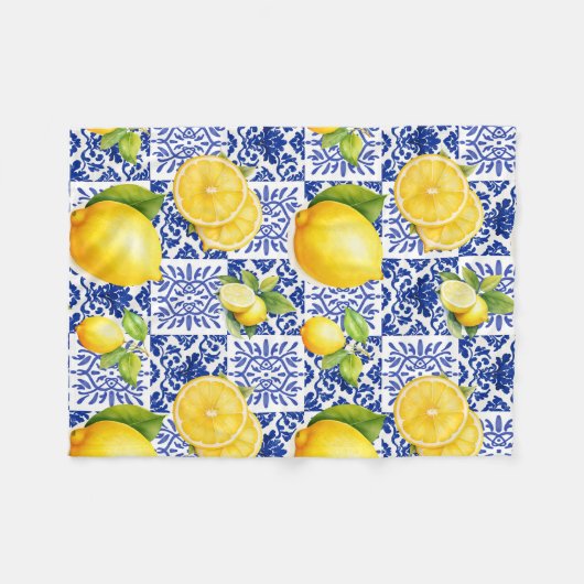 Blue White Lemon Tile Pattern Mediterranean Citrus Fleecedecke (Vorderseite (Horizontal))