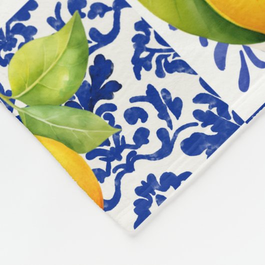 Blue White Lemon Tile Pattern Mediterranean Citrus Fleecedecke (Ecke)