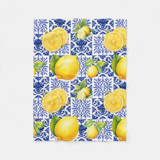 Blue White Lemon Tile Pattern Mediterranean Citrus Fleecedecke (Vorderseite)