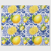 Blue White Lemon Tile Pattern Mediterranean Citrus Geschenkpapier (Flach)