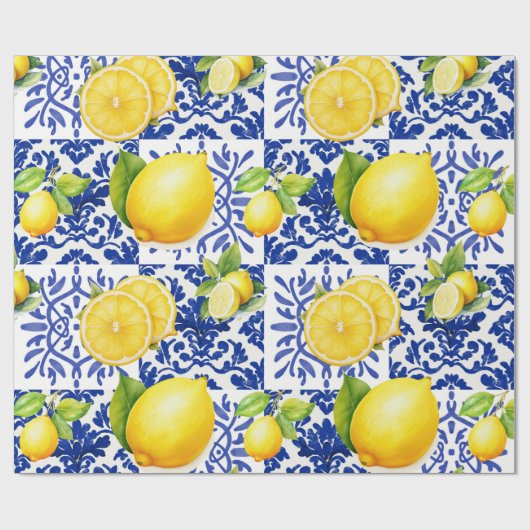 Blue White Lemon Tile Pattern Mediterranean Citrus Geschenkpapier (Flach)