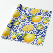 Blue White Lemon Tile Pattern Mediterranean Citrus Geschenkpapier (Ungerollt)