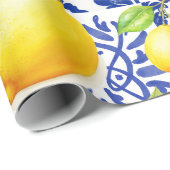 Blue White Lemon Tile Pattern Mediterranean Citrus Geschenkpapier (Rolleneckpunkt)