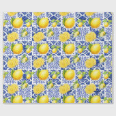 Blue White Lemon Tile Pattern Mediterranean Citrus Geschenkpapier (Flach)