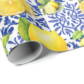 Blue White Lemon Tile Pattern Mediterranean Citrus Geschenkpapier (Rolleneckpunkt)