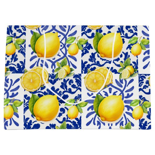 Blue White Lemon Tile Pattern Mediterranean Citrus Große Geschenktüte (Vorderseite)