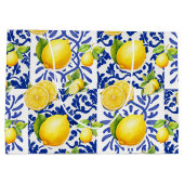 Blue White Lemon Tile Pattern Mediterranean Citrus Große Geschenktüte (Rückseite)