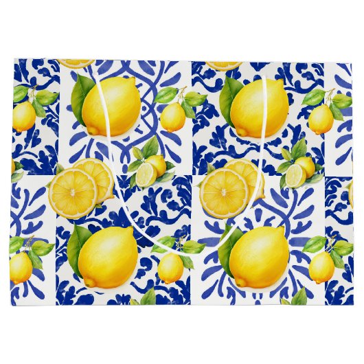 Blue White Lemon Tile Pattern Mediterranean Citrus Große Geschenktüte (Rückseite)