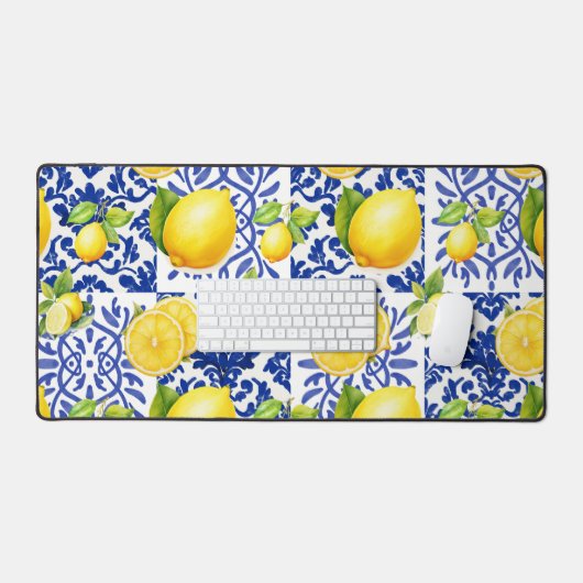 Blue White Lemon Tile Pattern Mediterranean Citrus Schreibtischunterlage (Tastatur & Maus)