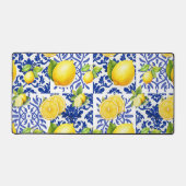Blue White Lemon Tile Pattern Mediterranean Citrus Schreibtischunterlage (Vorderseite)