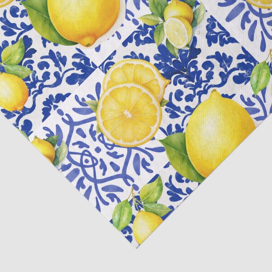 Blue White Lemon Tile Pattern Mediterranean Citrus Seidenpapier (Ausschnitt)