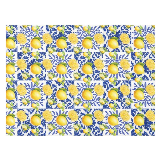 Blue White Lemon Tile Pattern Mediterranean Citrus Tischdecke (Vorderseite (Horizontal))
