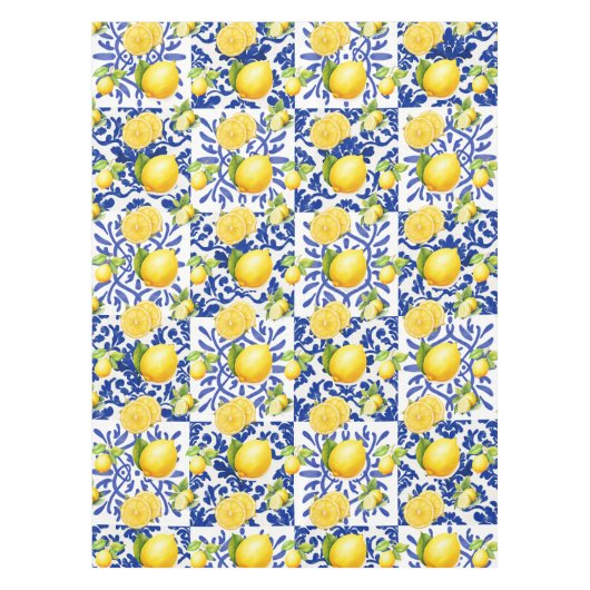 Blue White Lemon Tile Pattern Mediterranean Citrus Tischdecke (Vorderseite)
