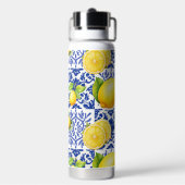 Blue White Lemon Tile Pattern Mediterranean Citrus Trinkflasche (Hinten)