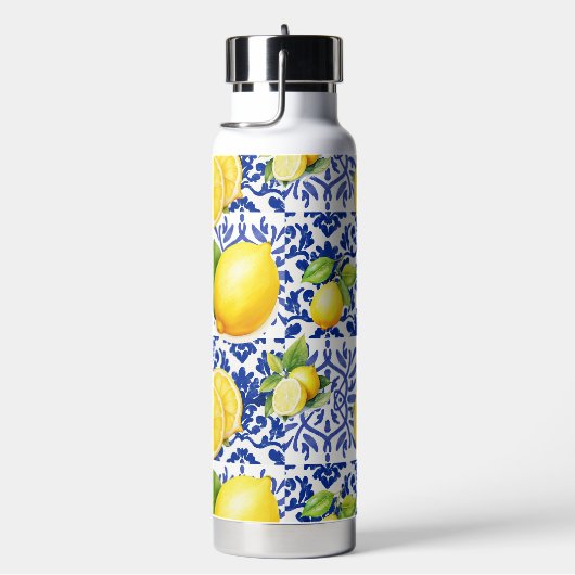 Blue White Lemon Tile Pattern Mediterranean Citrus Trinkflasche (rechts)