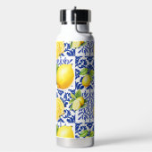 Blue White Lemon Tile Pattern Mediterranean Citrus Trinkflasche (Links)