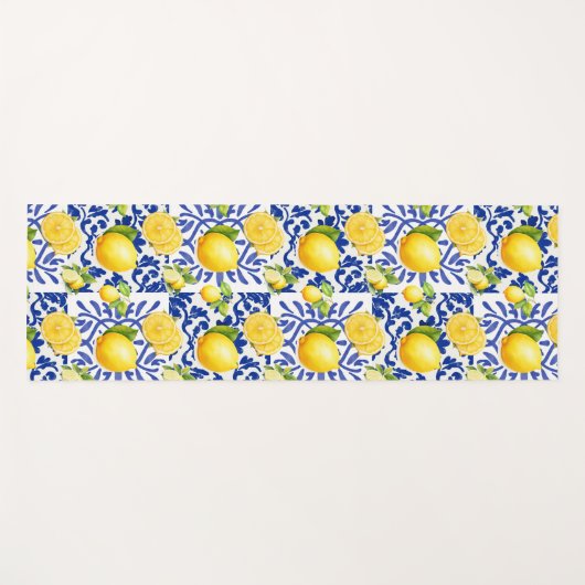 Blue White Lemon Tile Pattern Mediterranean Citrus Yogamatte (Vorderseite (Horizontal))