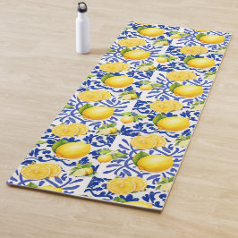 Blue White Lemon Tile Pattern Mediterranean Citrus Yogamatte