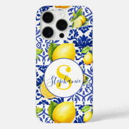 Blue White Lemon Tile Pattern Monogram Name Citrus iPhone 16 Pro Hülle