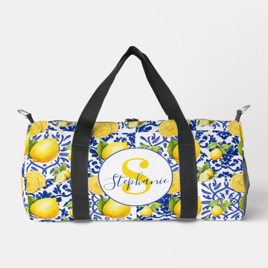 Blue White Lemon Tile Pattern Monogram Name Citrus Duffle Bag (Vorderseite)