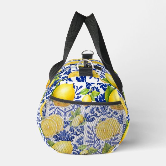 Blue White Lemon Tile Pattern Monogram Name Citrus Duffle Bag (Rechts)