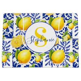 Blue White Lemon Tile Pattern Monogram Name Citrus Große Geschenktüte