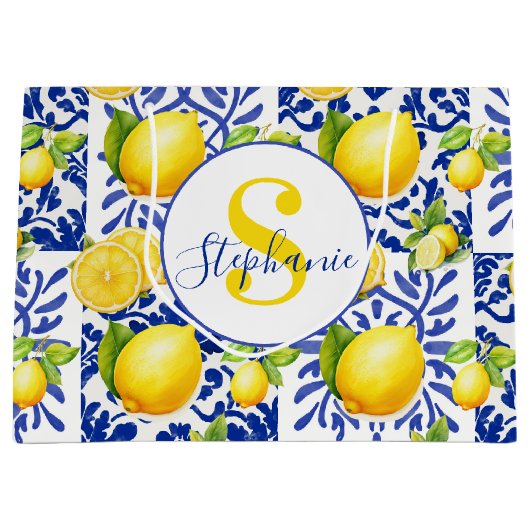 Blue White Lemon Tile Pattern Monogram Name Citrus Große Geschenktüte (Vorderseite)