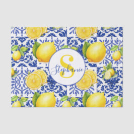 Blue White Lemon Tile Pattern Monogram Name Citrus Seidenpapier