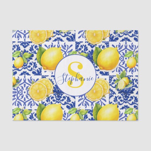 Blue White Lemon Tile Pattern Monogram Name Citrus Seidenpapier (Vorderseite)