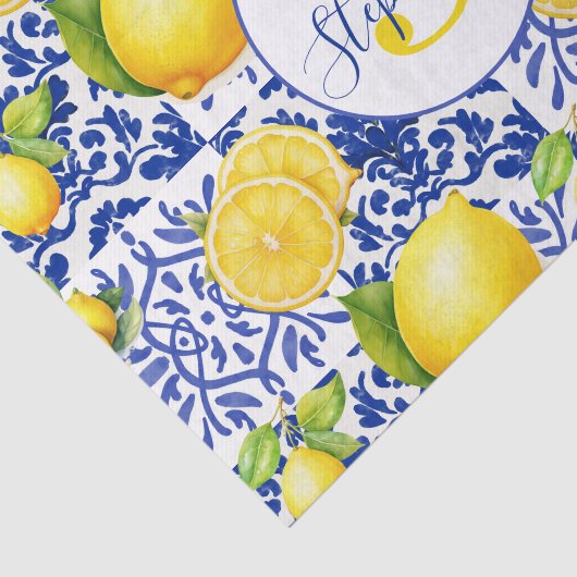 Blue White Lemon Tile Pattern Monogram Name Citrus Seidenpapier (Ausschnitt)