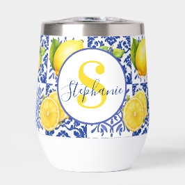 Blue White Lemon Tile Pattern Name Monogram Citrus
