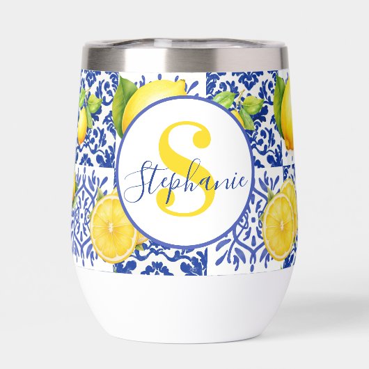 Blue White Lemon Tile Pattern Name Monogram Citrus (Rückseite)