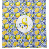 Blue White Lemon Tile Pattern Name Monogram Citrus Duschvorhang (Vorderseite)