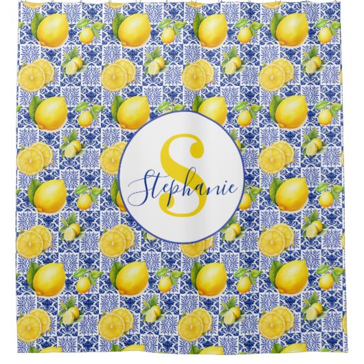 Blue White Lemon Tile Pattern Name Monogram Citrus Duschvorhang (Vorderseite)