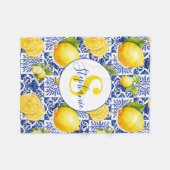 Blue White Lemon Tile Pattern Name Monogram Citrus Fleecedecke (Vorderseite (Horizontal))