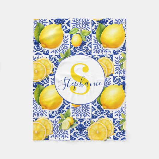 Blue White Lemon Tile Pattern Name Monogram Citrus Fleecedecke (Vorderseite)
