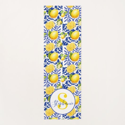 Blue White Lemon Tile Pattern Name Monogram Citrus Yogamatte (Vorderseite)