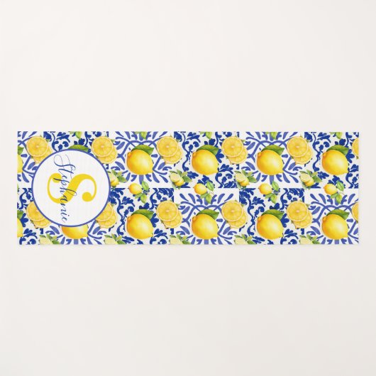 Blue White Lemon Tile Pattern Name Monogram Citrus Yogamatte (Vorderseite (Horizontal))