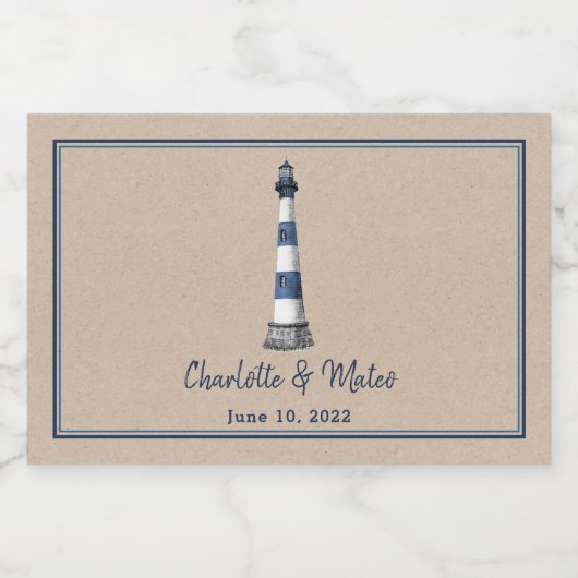 Blue White Lighthouse Border Kraft Wedding Schaumweinetikett (Einzelnes Label)