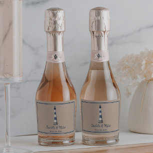 Blue White Lighthouse Border Kraft Wedding Schaumweinetikett