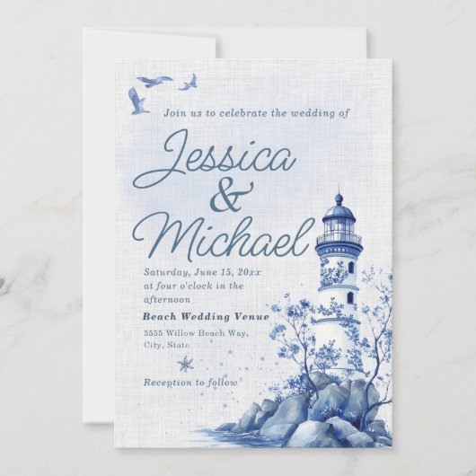 Blue White Lighthouse Coastal Beach Wedding  Einladung (Vorderseite)