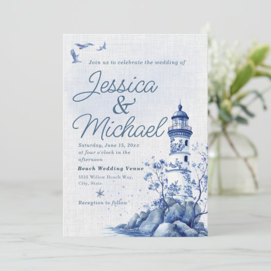 Blue White Lighthouse Coastal Beach Wedding  Einladung (Stehend Vorderseite)