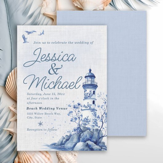 Blue White Lighthouse Coastal Beach Wedding Einladung
