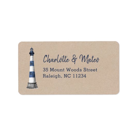 Blue White Lighthouse Kraft Label Adressaufkleber (Vorne)