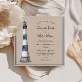 Blue White Lighthouse Kraft Wedding Einladung