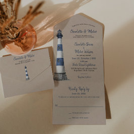 Blue White Lighthouse Kraft Wedding Einladung