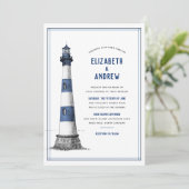 Blue White Lighthouse Wedding Einladung (Stehend Vorderseite)