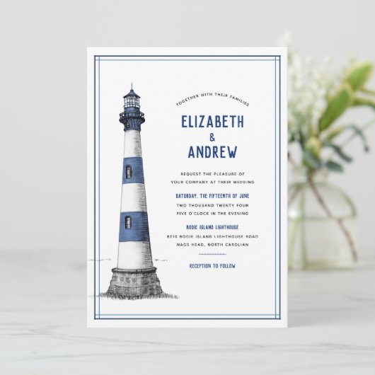 Blue White Lighthouse Wedding Einladung (Stehend Vorderseite)